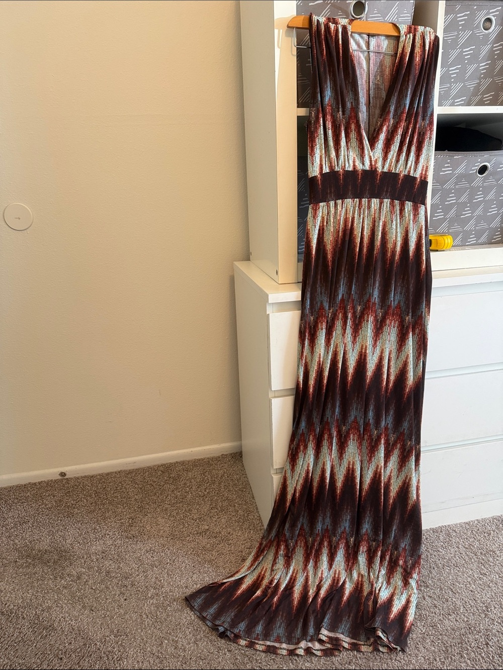Veronica M Zigzag V-Neck Maxi Dress in Brown, Blue and Cream
